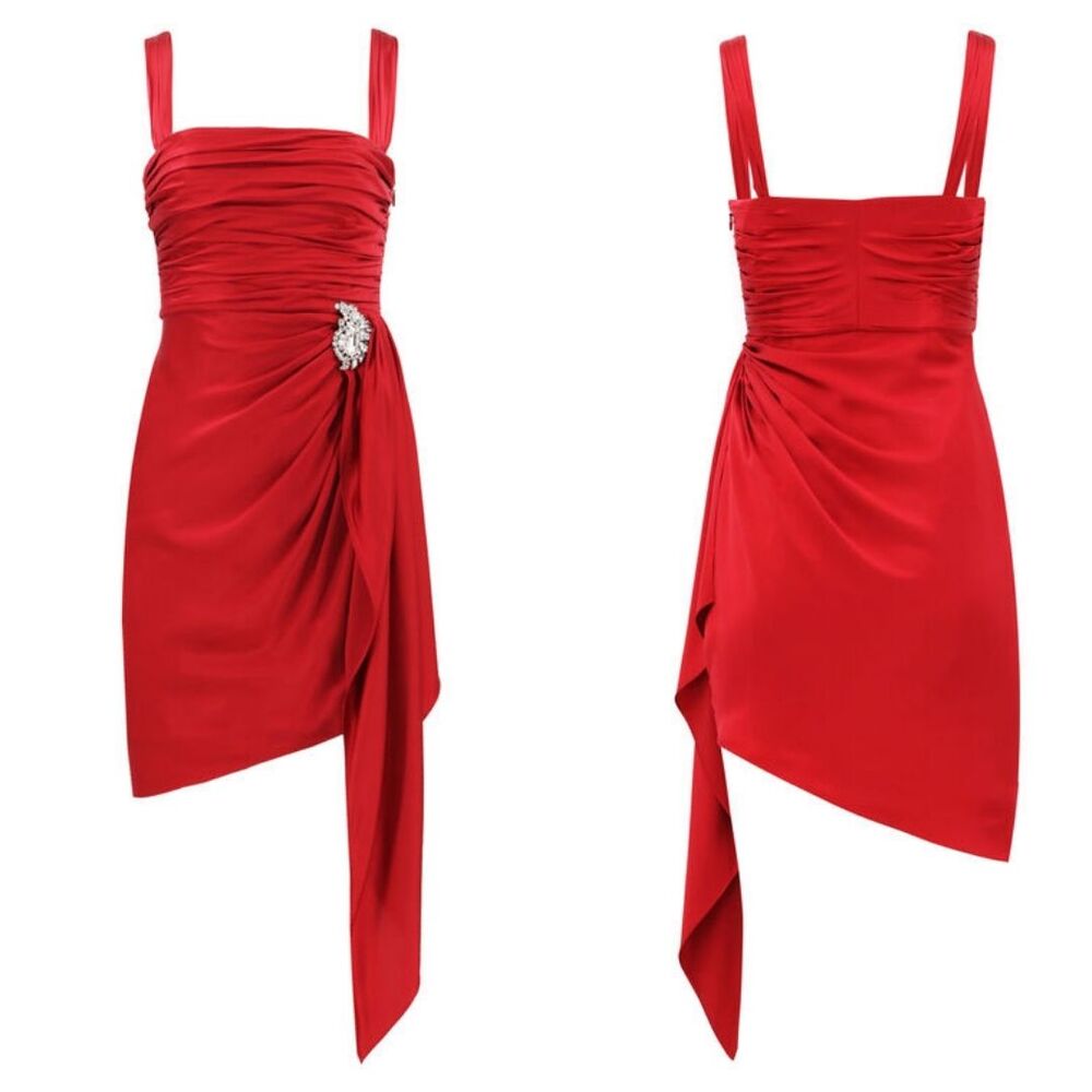 CINQ A SEPT Tate Asymmetric Hem Red Silk Mini Dress - Picture 7 of 12
